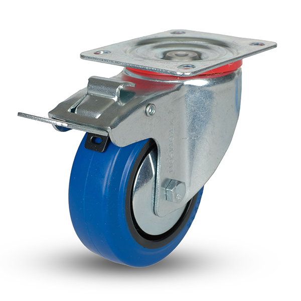 Caster 3" Swivel Blue Rubber with Brake, 220LB, bolt hole pattern 4" x 3-1/4"